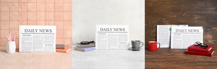 Collage of newspapers with books, eyeglasses, magnifier, cups of coffee and stationery on table