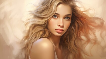 Naklejka premium Blond girl woman, with styled waved hair. realistic salon model portrait. Beauty advertising concept.
