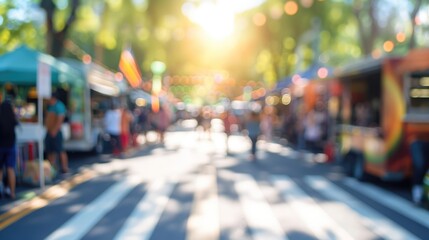 Fototapeta premium Generative AI, Food truck street festival on the morning, blurred background, atmospheric bokeh, muted colors 