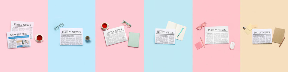 Collage of newspapers with eyeglasses, cups of drinks and stationery on color background
