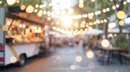 Foto op Canvas Generative AI, Food truck street festival on the morning, blurred background, atmospheric bokeh, muted colors   © DELstudio