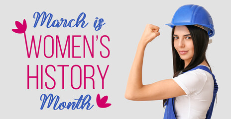 Female worker against light background. Banner for Women's History Month