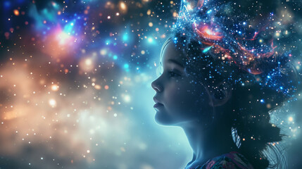 Generative AI image of A girl wearing a galaxy print dress and a tiara