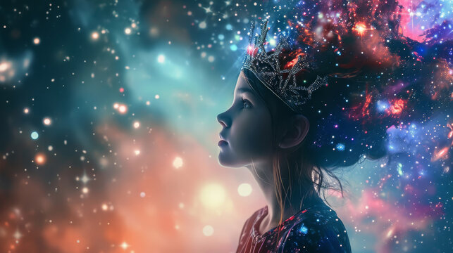 Generative AI Image Of A Girl Wearing A Galaxy Print Dress And A Tiara