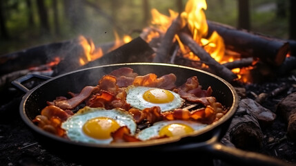 Camping breakfast with bacon and eggs in a cast iron skillet