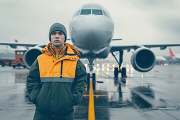 Airport worker in vest standing in airfield with airplane on background