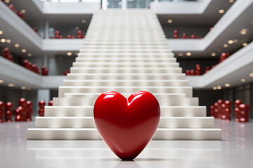 a red heart on a white surface with stairs in the background