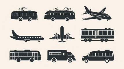 Air, Auto, Railway Transport Silhouette Icon Set. Stop Station Sign for Public Transport Glyph Pictogram. Car, Bus, Tram, Train, Metro, Plane, Ship Icon in Front View. Isolated Vector Illustration - obrazy, fototapety, plakaty