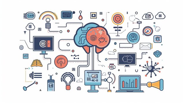 AI artificial intelligence doodle with technology stuff vector illustration