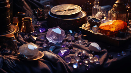 mysterious room with gemstones on the table