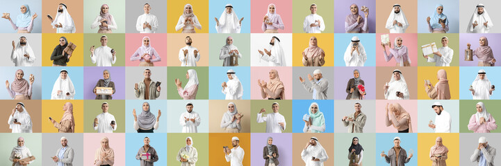 Big collage with Muslim people on color background