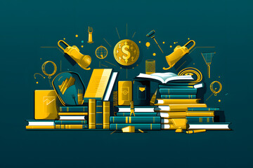 a pile of books and a coin