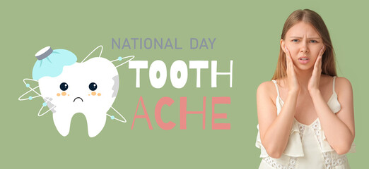 Banner for National Toothache Day with woman having problems with teeth
