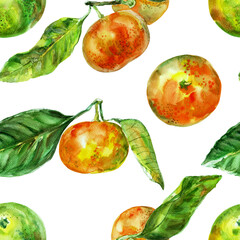 Pattern with orange fruit and leaves. Watercolor hand-drawn elements. Isolated on white background. Delicious fruit clip-art illustration. Used on labels, napkins, towels, tableware, package
