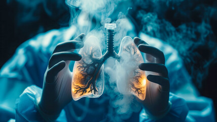 
The doctor carefully observes a three-dimensional hologram of diseased lungs that he holds in his hand.