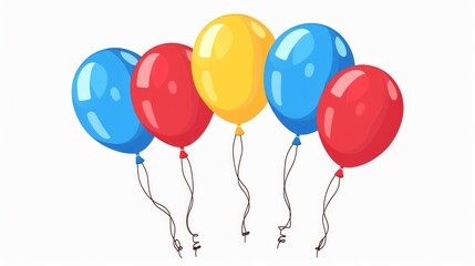 Balloon in cartoon style. Bunch of balloons for and party. Flying ballon with rope. Blue, red and yellow ball isolated on white background. Flat icon for celebrate and carnival. Vector