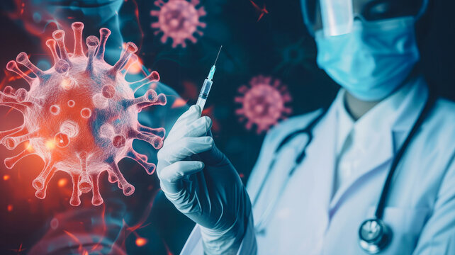 A doctor is holding a syringe with the backdrop of the COVID virus.
