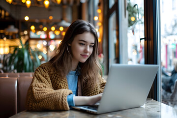 Young person working remotely in a cafe