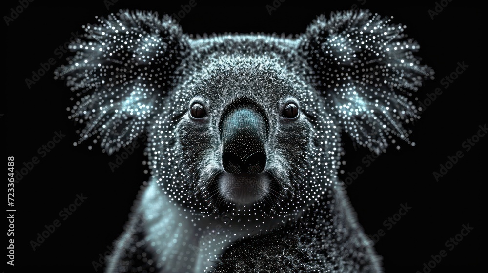 Poster a close up of a koala's face on a black background with white dots in the middle of the image and a 
