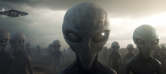 a group of aliens in a foggy field - Powered by Adobe