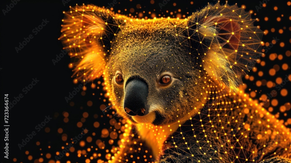 Poster a close up of a koala face on a black background with gold circles around it and a blurry image of a