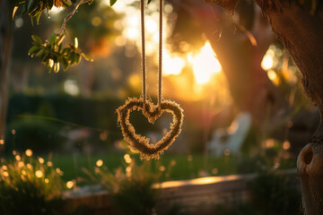 heart-shaped swing hanging from a tree in a beautiful garden