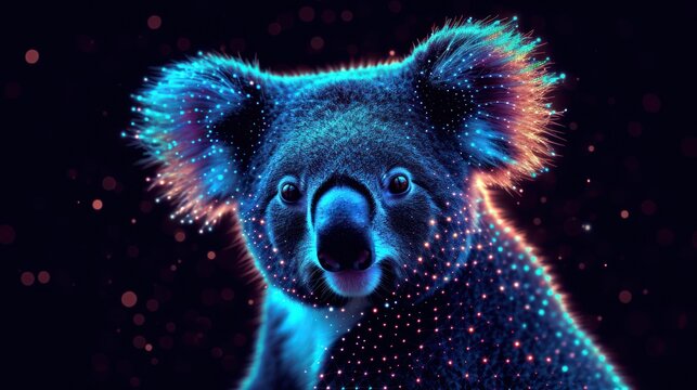  a close up of a koala's face on a black background with blue and pink lights and a blurry image of the head of a koala.