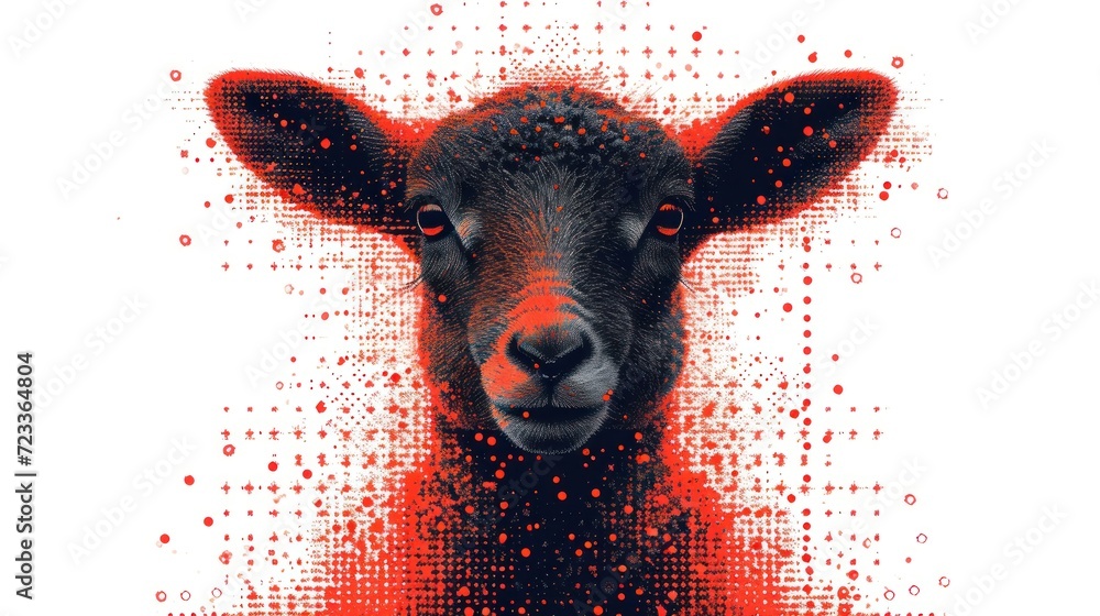 Aufkleber a close up of a sheep's face with a lot of red dots on it's face and it's head in the center of the 