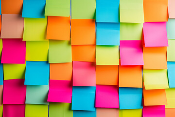 Colorful abstract background pattern of empty sticky notes, colorful set of blank sticky notes stick on the wall, colorful empty blank sticky notes pasted on an office notice board, blank note paper - obrazy, fototapety, plakaty