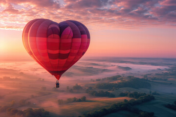 Obraz premium heart-shaped hot air balloon floating over a vast, beautiful landscape at sunrise