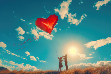 heart-shaped kite flying high in the sky on a sunny day