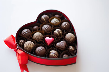 heart-shaped box of chocolates with a red bow, on a white background