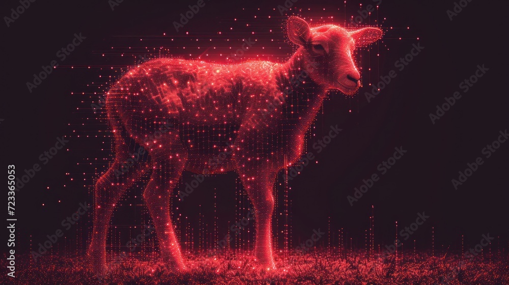 Poster a sheep standing in the middle of a field with a lot of dots all over it's body and it's head in the