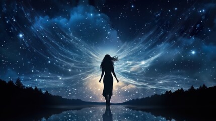silhouette of beautiful fantasy angel woman in heaven and on star night background - obrazy, fototapety, plakaty