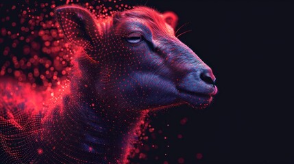  a close up of a sheep's face on a black background with a red and blue dot pattern on the left side of the sheep's face and a red dot on the right side of the left side of the image.