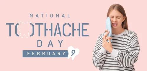 Deurstickers Banner for National Toothache Day with woman having problems with teeth © Pixel-Shot