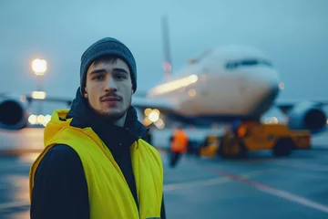 Foto op Canvas Airport worker in vest standing in airfield with airplane on background © Alina