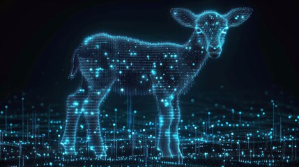  a digital image of a goat standing in the middle of a field with lines and dots all over it's body and it's body, all connected to it's head.