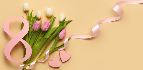 Figure 8, bouquet of flowers and cookies on beige background with space for text. International Women's Day celebration