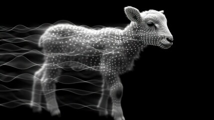  a black and white photo of a cow with a blurry image of a cow's head and body in front of a black background of wavy lines and wavy lines.