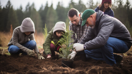 A diverse family honors a loved one's memory by jointly planting a tree in a serene forest