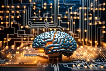 Artificial human brain on circuit board connected to electronic circuits and microchips, with copy space, concept of AI and technology replacing human brain, AI invasion