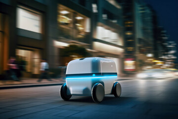 Express Delivery Robot Rushes to Deliver Food in the City at Night Time