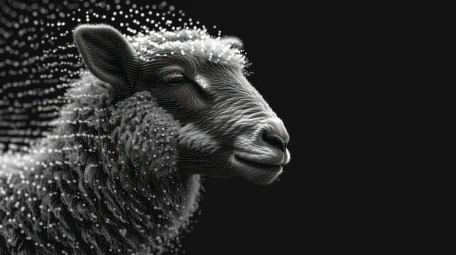  a black and white photo of a sheep's head with a lot of dots coming out of the sheep's fur to make it look like it's head.