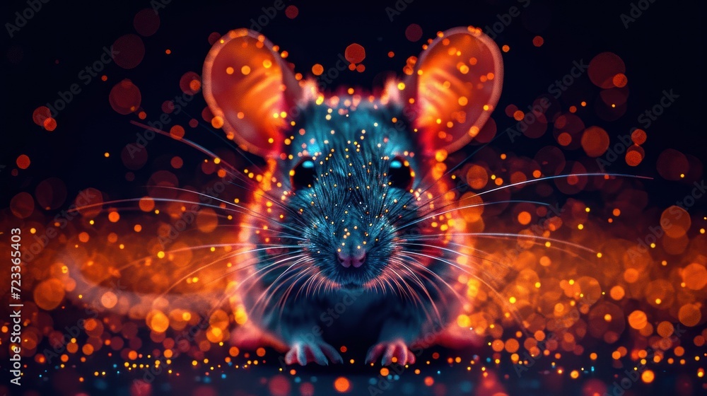 Poster a close up of a mouse on a black background with orange and blue lights in the middle of the image a
