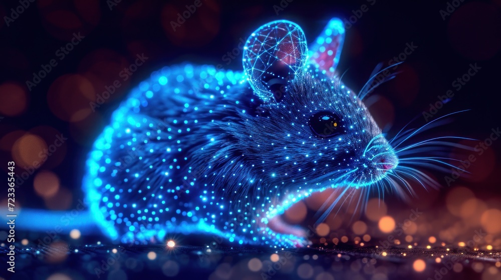 Poster a blue mouse sitting on top of a table next to a computer mouse with glowing dots on it's face and a