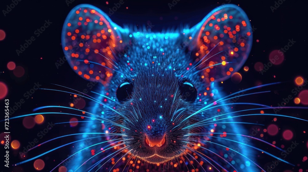 Poster a close up of a mouse's face with red and blue lights on it's face and a black background with red a