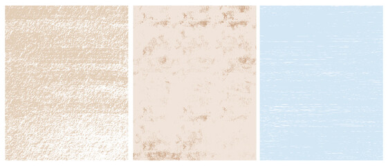 Fototapeta premium Set of 3 Grunge Textures with Copy Space. Abstract Surreal Vector Backgrounds with Messy Grungy Stains on a Pastel Blue and Beige Layout. Simple Irregular Rough Print. Textured Modern Design. RGB.