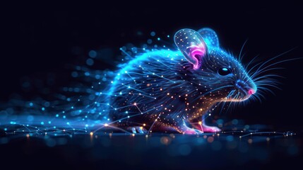  a blue and pink rat sitting on top of a blue floor next to a blue and pink light emitting out of it's back end of its body.