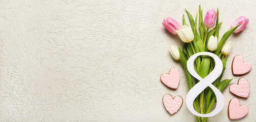 Figure 8, bouquet of flowers and cookies on light background with space for text. International Women's Day celebration - obrazy, fototapety, plakaty